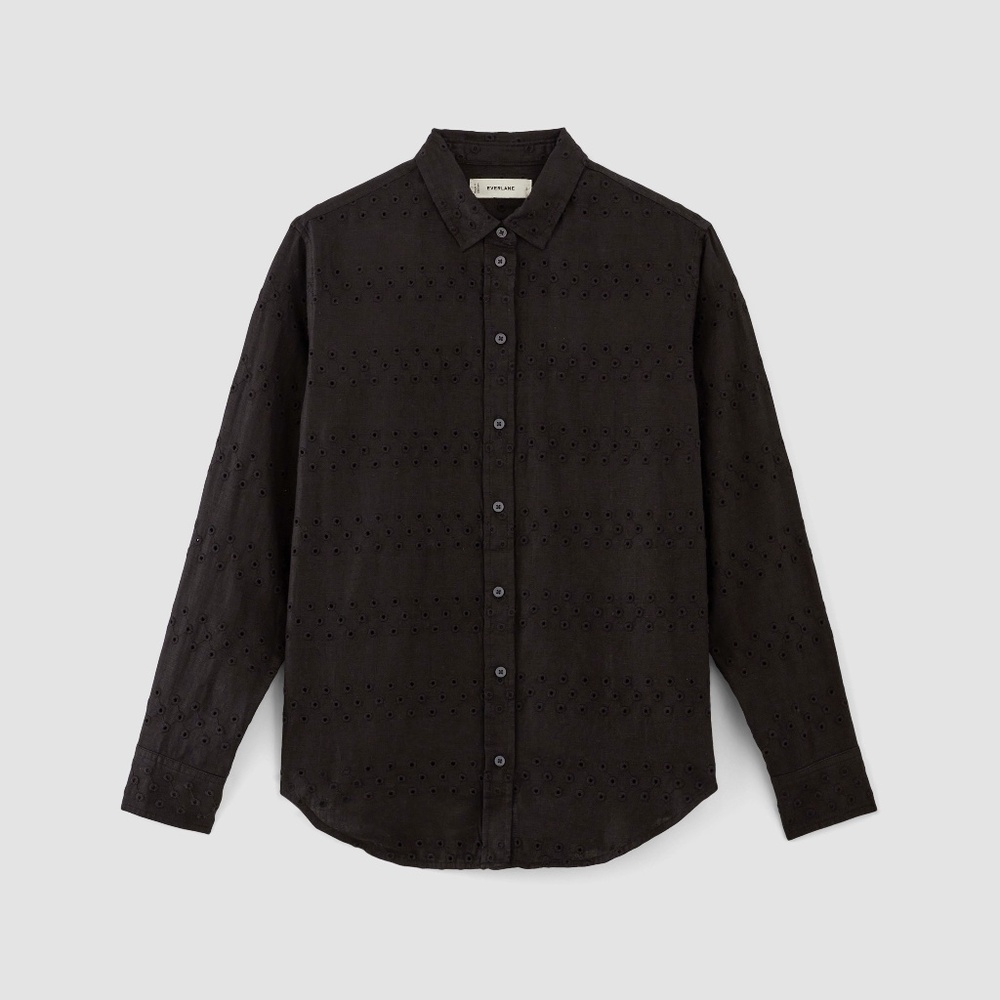 Everlane Women's Linen Eyelet Relaxed Shirt in Black Eyelet, Size 8